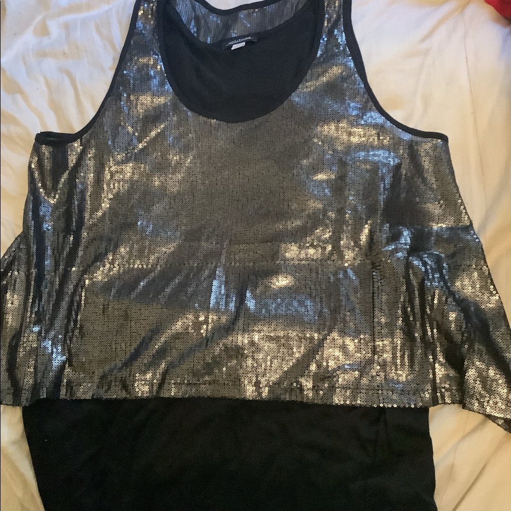 Black lined grey sequin tank top